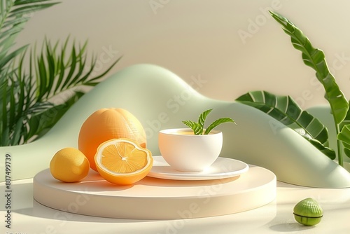 Abstract Futuristic 3D Render Minimalistic Style with Floating Geometric Shapes Isometric Design, Light Color Theme, Bright Background, and Soft Lighting