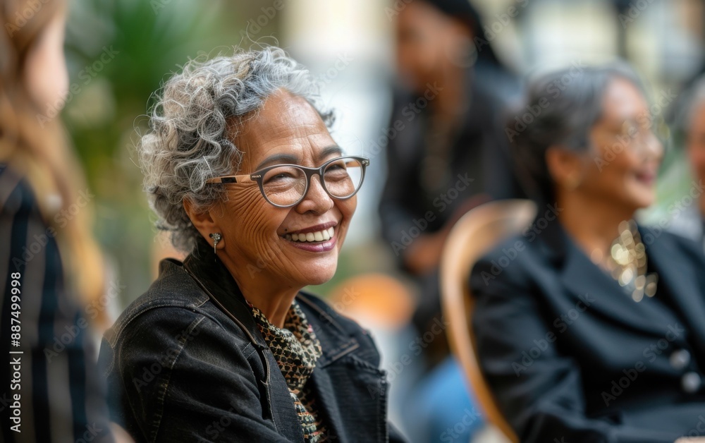 A happy senior businesswoman with gray hair smiles and looks to the left while wearing glasses and a black jacket. She is in a business setting A happy senior businesswoman with gray hair smiles and looks to the left while wearing glasses and a black jacket. She is in a business setting