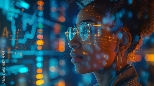 In a high-tech control room, an African American female IT expert evaluates AI cyber security threats on a holographic display. The vibrant blue and orange colors emphasize the advanced technology.