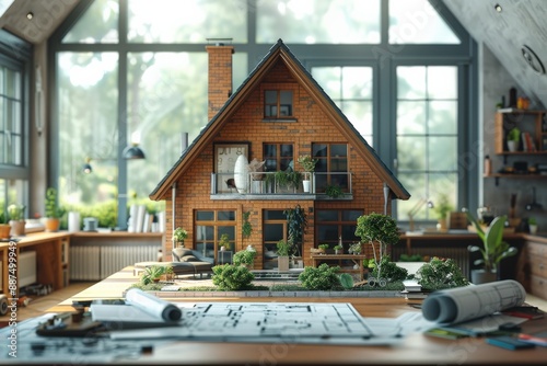 Intricate Architectural Model of Modern Cottage House in Designer's Workspace with Blueprints and Tools on a Sunny Day in a Well-Lit Studio Showing Creative Process of Home DesignArchitectural model photo