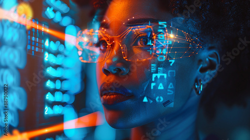 In a high-tech control room, an African American female IT expert evaluates AI cyber security threats on a holographic display. The vibrant blue and orange colors emphasize the advanced technology.