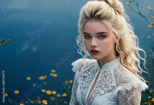 Blonde woman with blue eyes and white lace top, posing in a garden with yellow flowers