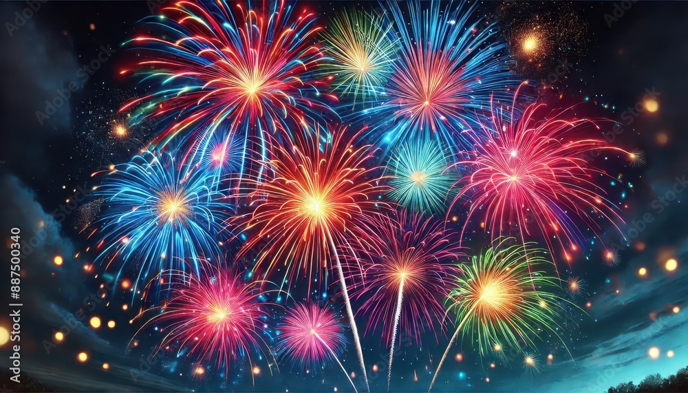 Naklejka premium Colorful Fireworks Display in Night Sky.