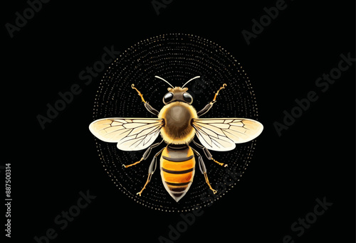 Beautifully illustrated bee with intricate golden patterns and a circular honeycomb design, set against a stark black background, emphasizing the bee's vibrant colors and detailed craftsmanship.