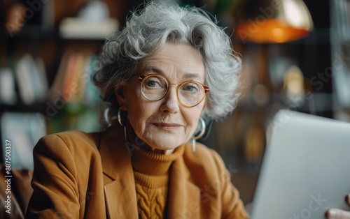 A cheerful older woman, wearing glasses and a brown sweater, works on her laptop in a cafe. The setting is warm and inviting, with bookshelves and dim lighting © imagineRbc