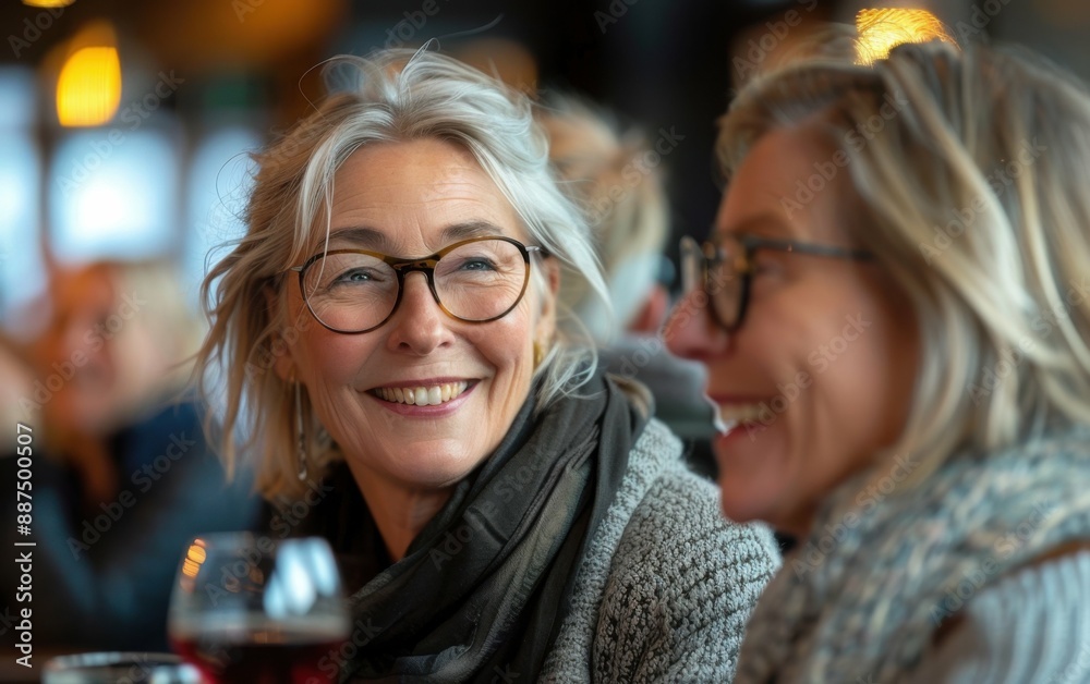Two middle-aged women sit at a bar, laughing and enjoying each other's company Two middle-aged women sit at a bar, laughing and enjoying each other's company