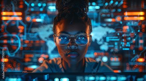 In a high-tech control room, an African American female IT expert evaluates AI cyber security threats on a holographic display. The vibrant blue and orange colors emphasize the advanced technology.