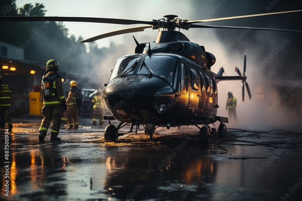 Firefighters in protective gear extinguishing burning helicopter on helipad in close up view Firefighters in protective gear extinguishing burning helicopter on helipad in close up view