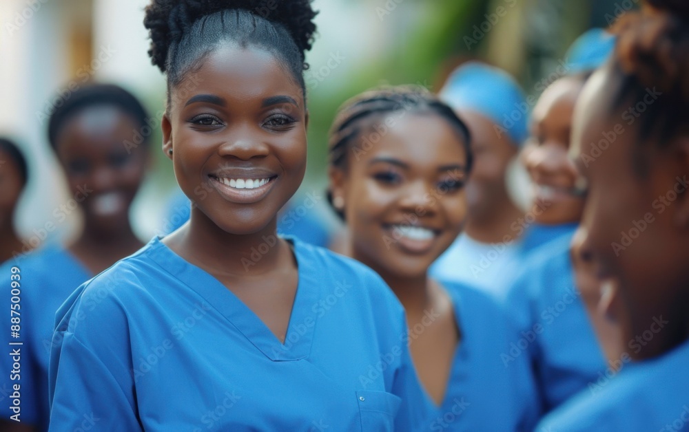 A group of Black female medical students are wearing blue scrubs and smiling at an outdoor event A group of Black female medical students are wearing blue scrubs and smiling at an outdoor event