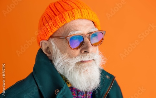 A senior man with a white beard wears a bright orange beanie and sunglasses in front of a solid orange backdrop © imagineRbc