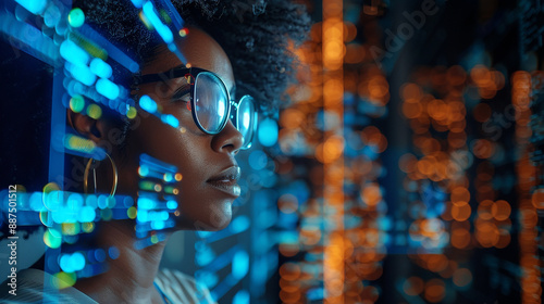 In a high-tech control room, an African American female IT expert evaluates AI cyber security threats on a holographic display. The vibrant blue and orange colors emphasize the advanced technology.