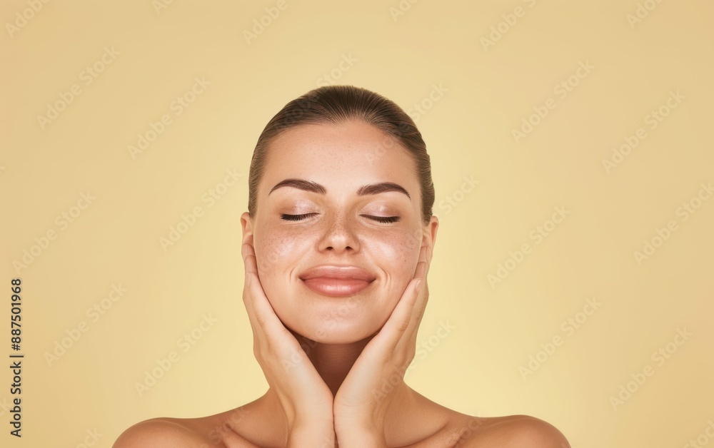 A woman with glowing skin touches her face gently, eyes closed in a relaxed pose A woman with glowing skin touches her face gently, eyes closed in a relaxed pose