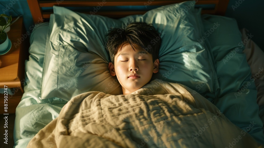 A boy is sleeping with a blanket over her head. She is wearing a gray sweater. The room is dark and quiet A boy is sleeping with a blanket over her head. She is wearing a gray sweater. The room is dark and quiet
