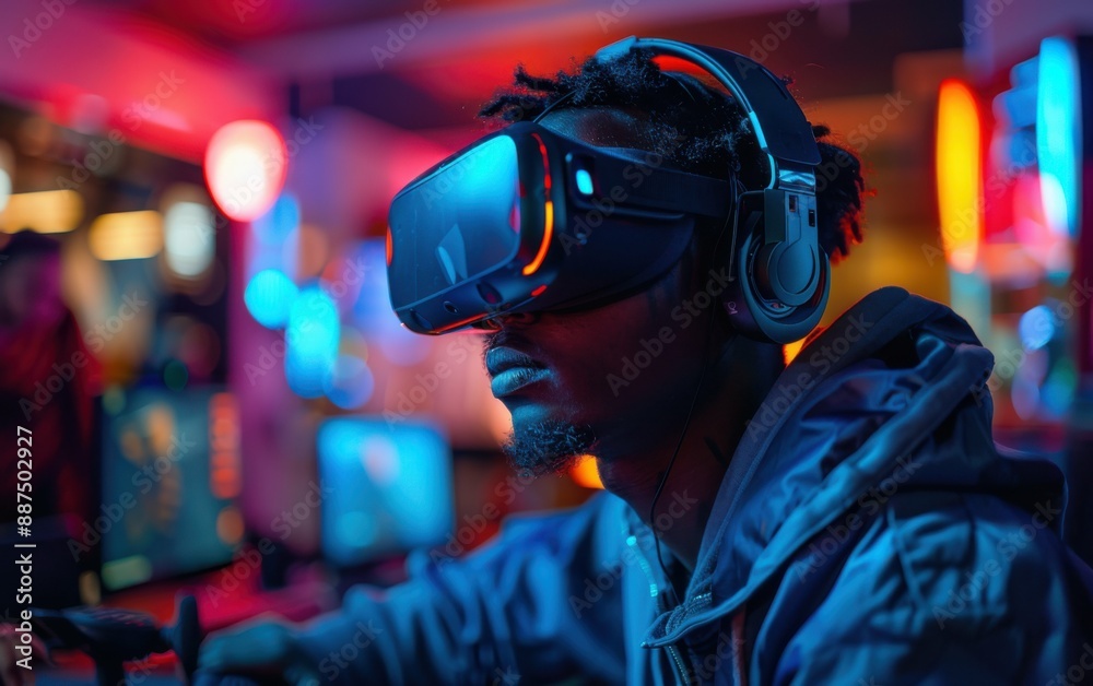 A young man wearing a virtual reality headset and headphones plays a game in a brightly lit arcade setting A young man wearing a virtual reality headset and headphones plays a game in a brightly lit arcade setting