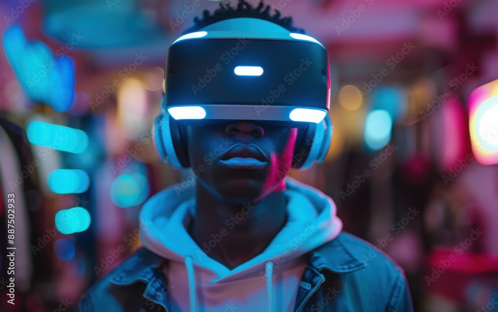 A black man in a VR headset, focused and excited, is surrounded by blue light from the device as he delves into the digital realm A black man in a VR headset, focused and excited, is surrounded by blue light from the device as he delves into the digital realm