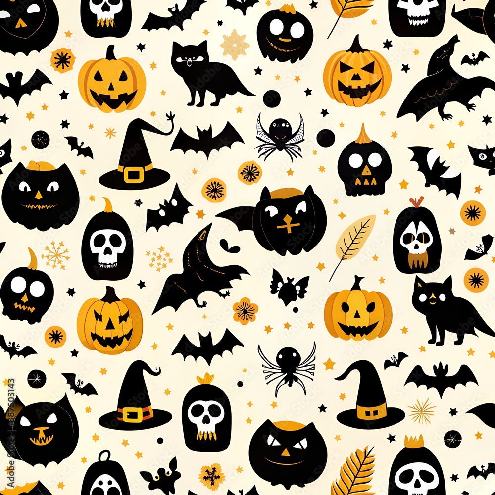 Vector seamless pattern for Halloween. Seamless background with Halloween elements jack-o-lantern, black cat, ghosts, raven, bats, witch’s hat, skull and spider Vector seamless pattern for Halloween. Seamless background with Halloween elements jack-o-lantern, black cat, ghosts, raven, bats, witch’s hat, skull and spider