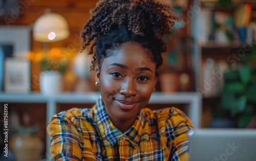 A young African American woman smiles while working remotely on a laptop computer from her home office © imagineRbc