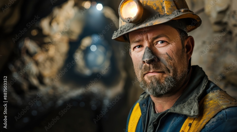 Fototapeta premium A man in a yellow helmet and a dirty face is standing in a dark tunnel. He looks tired and dirty