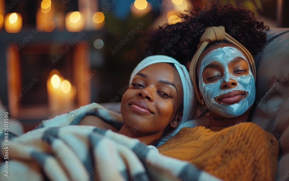 Two Black friends relax and enjoy a pamper session at home. The women are wearing face masks and are wrapped in blankets. They are in a cozy and inviting environment, lit by candlelight Two Black friends relax and enjoy a pamper session at home. The women are wearing face masks and are wrapped in blankets. They are in a cozy and inviting environment, lit by candlelight