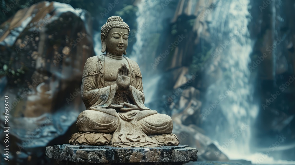 Ancient stone Buddha statue with hand raised in blessing gesture near waterfall Ancient stone Buddha statue with hand raised in blessing gesture near waterfall
