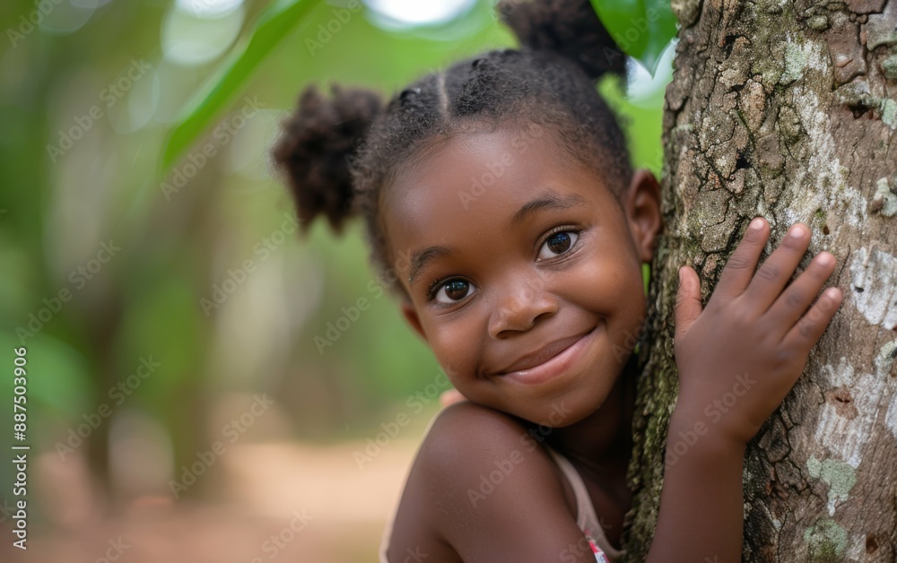 A young girl with braids smiles as she hugs a tree in a lush green forest A young girl with braids smiles as she hugs a tree in a lush green forest