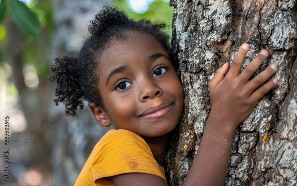 A young girl with curly black hair embraces a tree outdoors, smiling warmly at the camera A young girl with curly black hair embraces a tree outdoors, smiling warmly at the camera