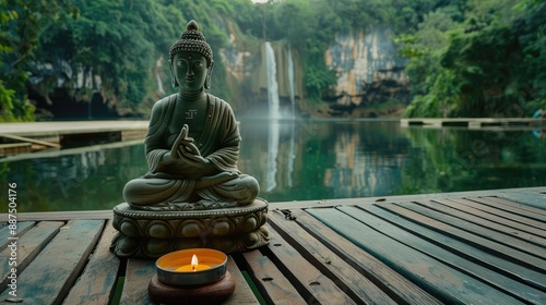 Buddha statue in a serene setting with a waterfall and a candle