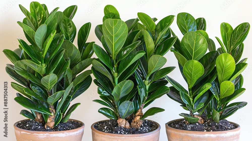 Fototapeta premium Three potted plants sit together atop a wooden table, facing a white wall