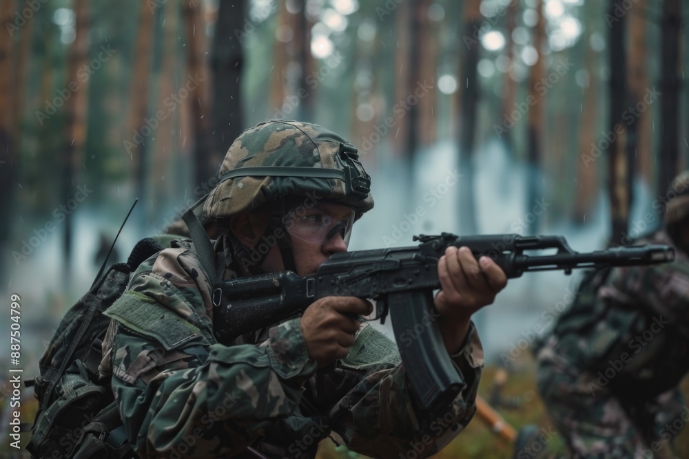A man wearing camouflage gear holds a rifle while standing in a dense forest A man wearing camouflage gear holds a rifle while standing in a dense forest