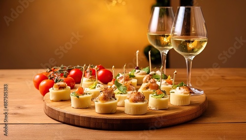 A close-up shot of a spread of delicious appetizers on a wooden platter