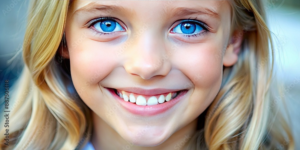 Close-up portrait of a Caucasian girl with blue eyes and blonde hair, smiling a wide smile with beautiful white teeth. Dental services concept Close-up portrait of a Caucasian girl with blue eyes and blonde hair, smiling a wide smile with beautiful white teeth. Dental services concept