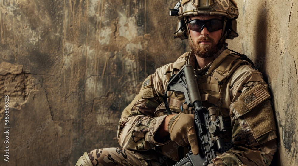 A portrait of a resolute american soldier in full gear, posing with his rifle against a wall A portrait of a resolute american soldier in full gear, posing with his rifle against a wall