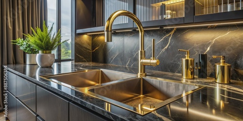 Luxurious interior square golden brass sink and faucet double tap mixer in contemporary modern design with stone marble stoneware countertop black and gold kitchen with sandwatch and glass pot photo