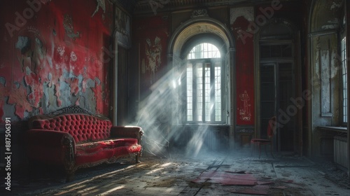 Abandoned house interior with peeling red walls and sunlight streaming through a broken window. Concept of decay, lost places, haunted house, scary room, Halloween photo