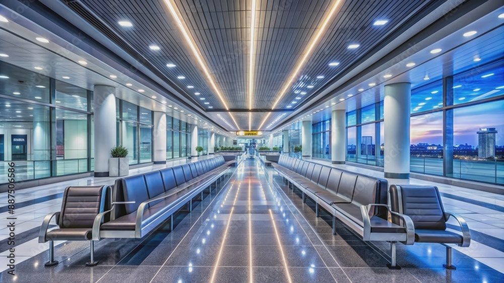 Naklejka premium Modern airport terminal with sleek architecture and bright lighting, empty of people, showcases a pathway lined with sleek lounge chairs and moving walkways.