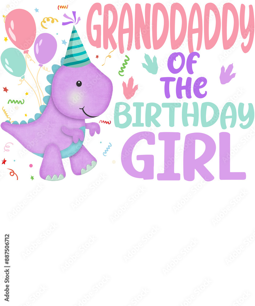 A cute dinosaur wearing a party hat and holding balloons says A cute dinosaur wearing a party hat and holding balloons says