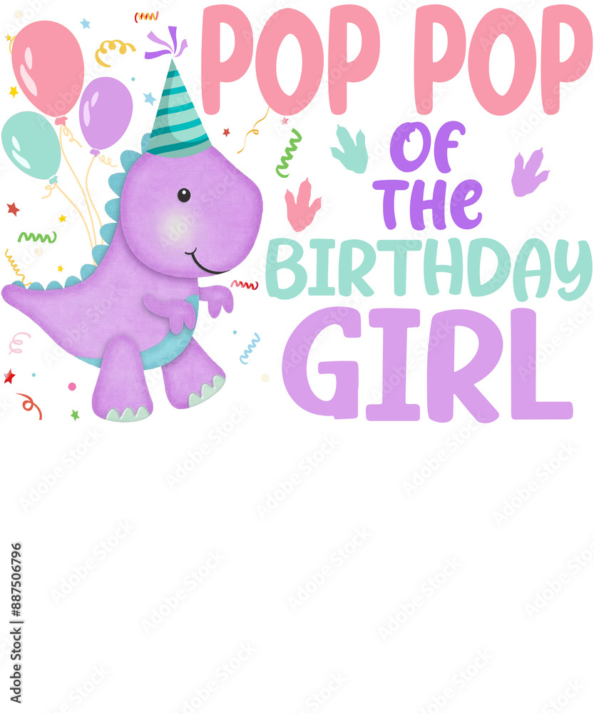 A cute dinosaur wearing a party hat and holding balloons with the text A cute dinosaur wearing a party hat and holding balloons with the text