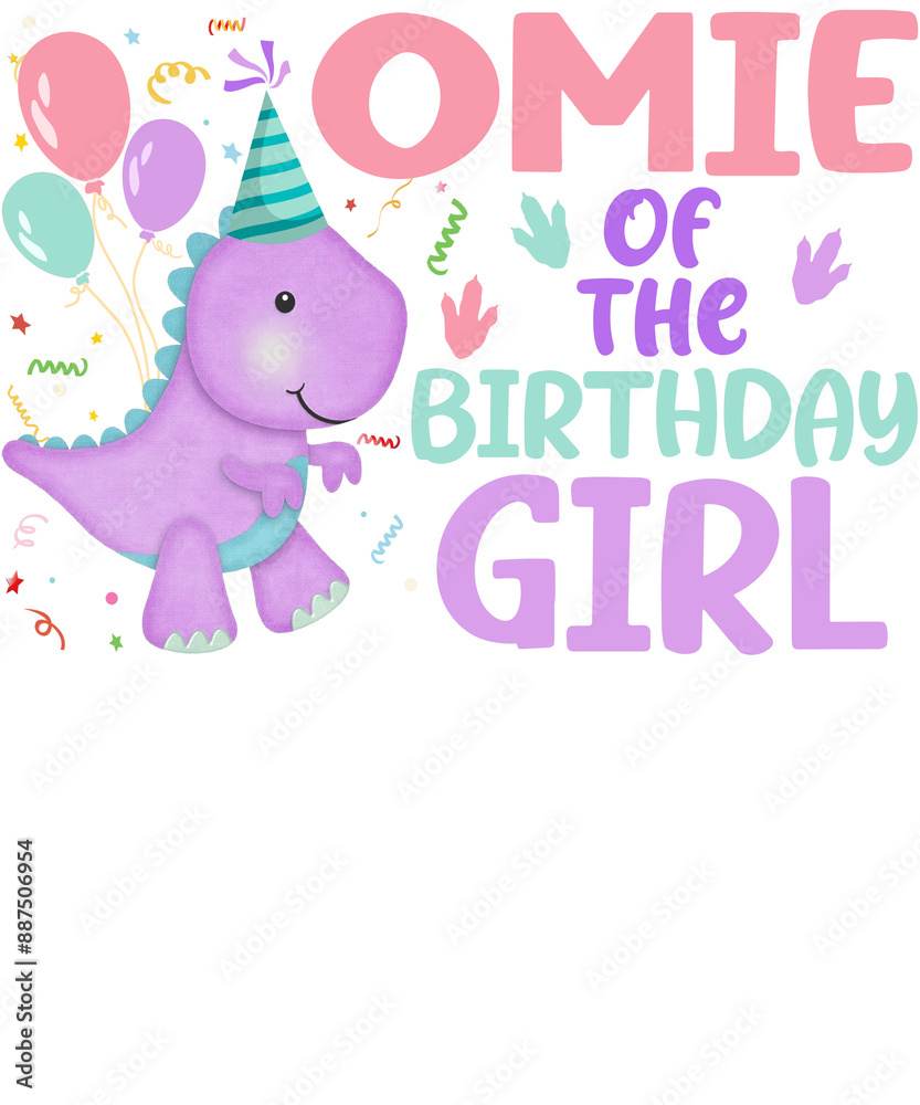 A cute dinosaur with a party hat and balloons says A cute dinosaur with a party hat and balloons says