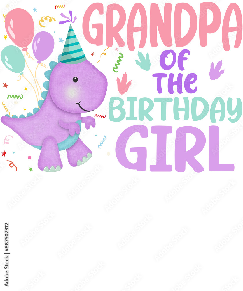 A cute purple dinosaur wearing a party hat and holding balloons. Text says 
