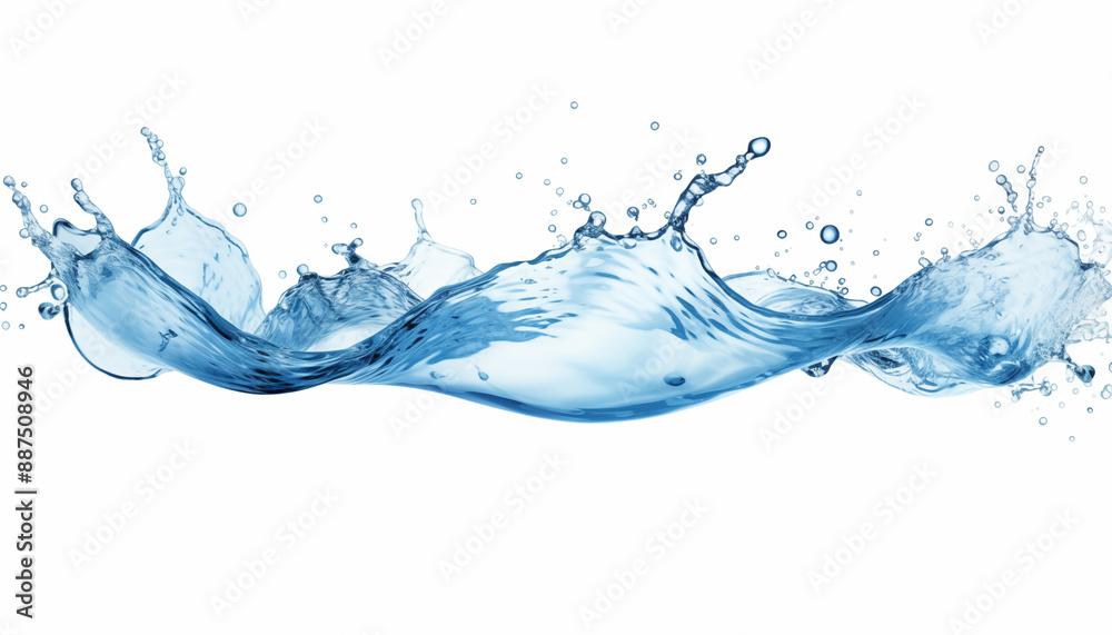 Dynamic Blue Water Splash with Droplets and Waves Isolated on White Background for Refreshing Effect Dynamic Blue Water Splash with Droplets and Waves Isolated on White Background for Refreshing Effect