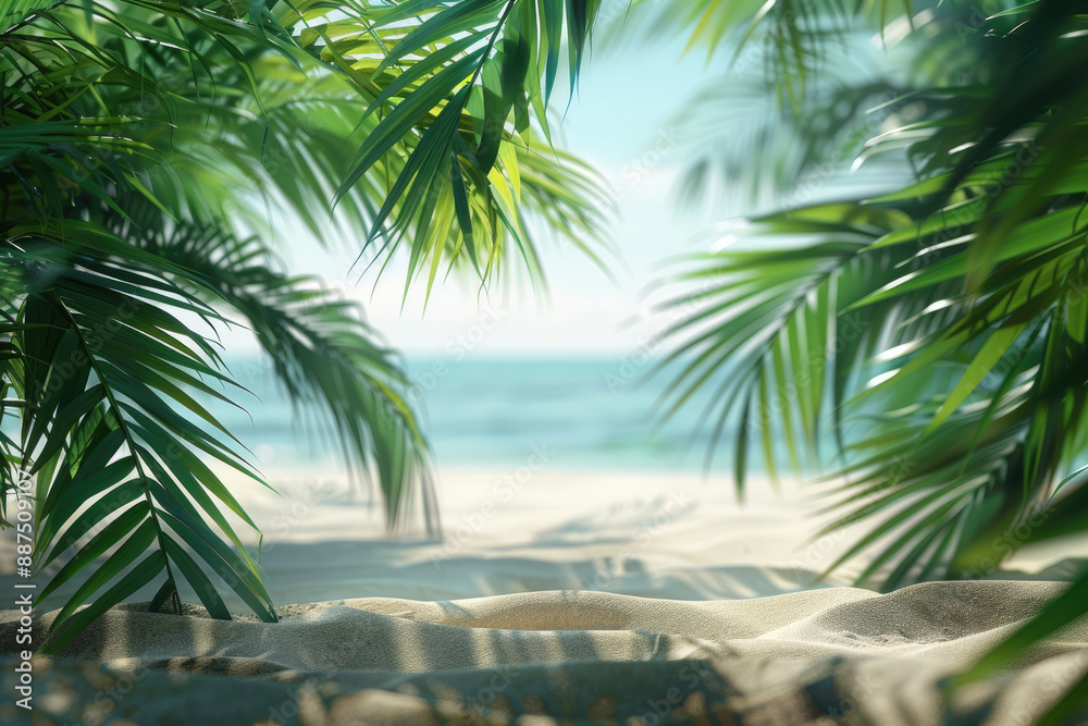 Green coconut trees, white sandy beach Green coconut trees, white sandy beach