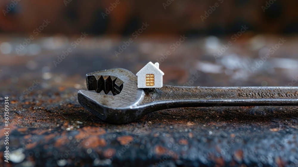 Adjustable wrench displaying a miniature white home on dark backdrop Adjustable wrench displaying a miniature white home on dark backdrop