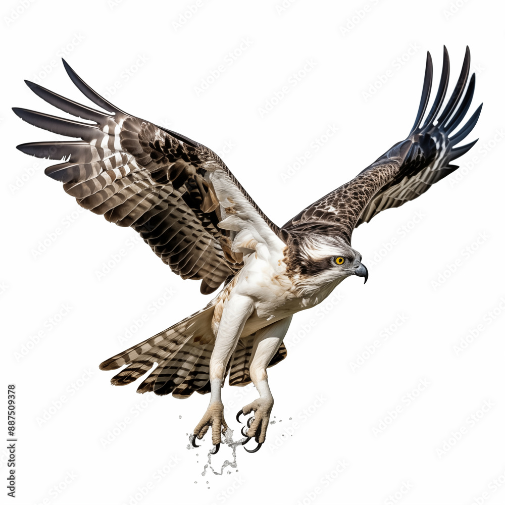 Obraz premium Osprey Flying With Fish In Its Talons And Water Droplets Falling On White Background