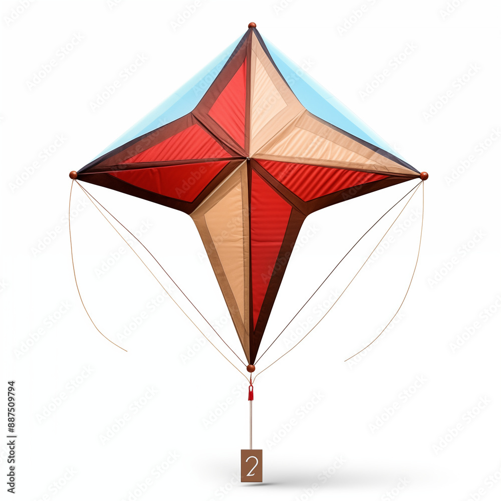 Colorful Geometric Kite with Red and Beige Patterns Against a White Background for Kite Flying Colorful Geometric Kite with Red and Beige Patterns Against a White Background for Kite Flying