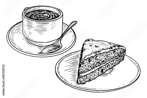 Drink in mug with piece of cake on plate sketch. Coffee or tea with biscuit dessert. Food for sweet snack. Hand drawn vector line art illustration.