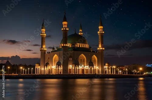 A mosque at night with the lights