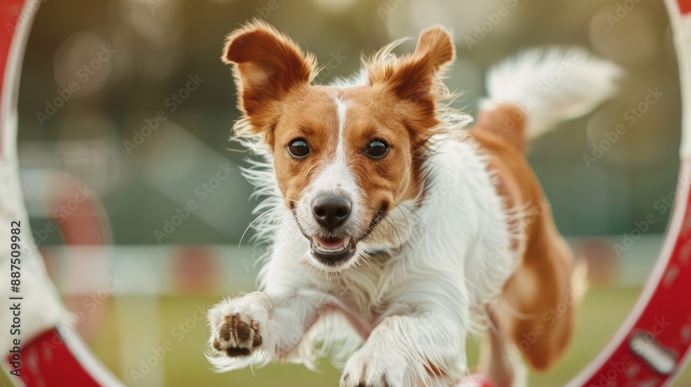 Dog crossing the finish line in an agility course, jumping through the final hoop Dog crossing the finish line in an agility course, jumping through the final hoop
