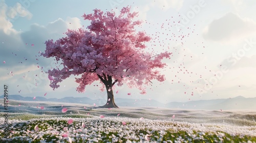 a cherry blossom tree in full bloom with petals falling gently,