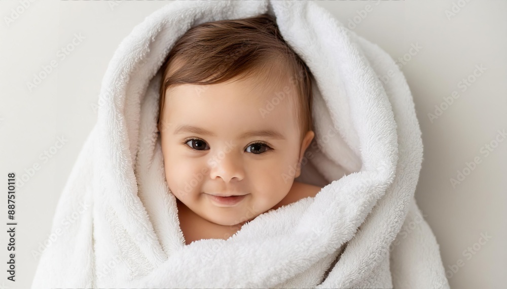 Adorable newborn baby wrap by white towel with smiling face Adorable newborn baby wrap by white towel with smiling face