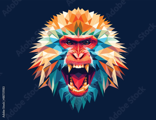 Low polygon of crab eating macaque monkey isolated on dark blue background, vector illustration, animal theme
